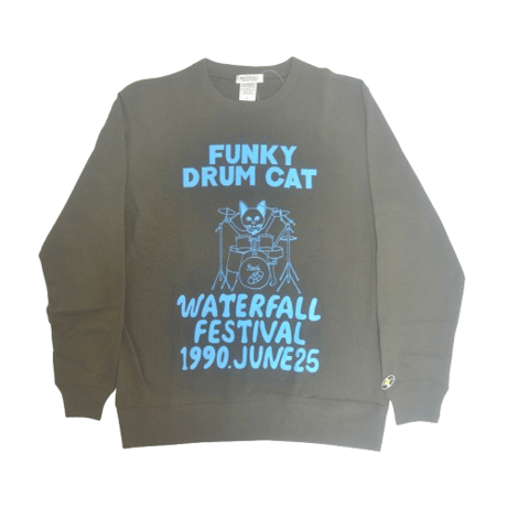 「猫ドラム」レコードワッペン猫ツアースウェット  カーキ M/L/XL WATERFALLオリジナル