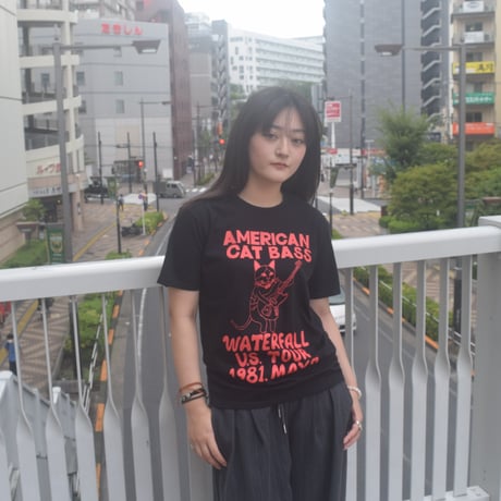 「猫ベース」レコードワッペン猫ツアーTシャツ 　ブラック S/M/L WATERFALLオリジナル限定商品