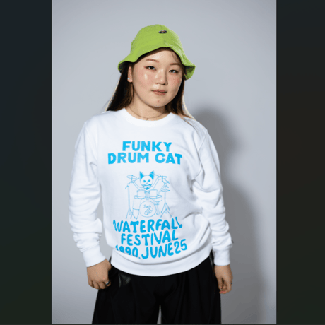 「猫ドラム」レコードワッペン猫ツアースウェット  ホワイト M/L/XL WATERFALLオリジナル商品
