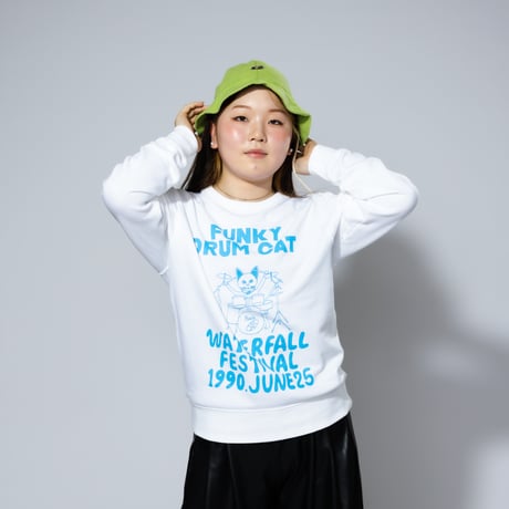 「猫ドラム」レコードワッペン猫ツアースウェット  ホワイト M/L/XL WATERFALLオリジナル商品