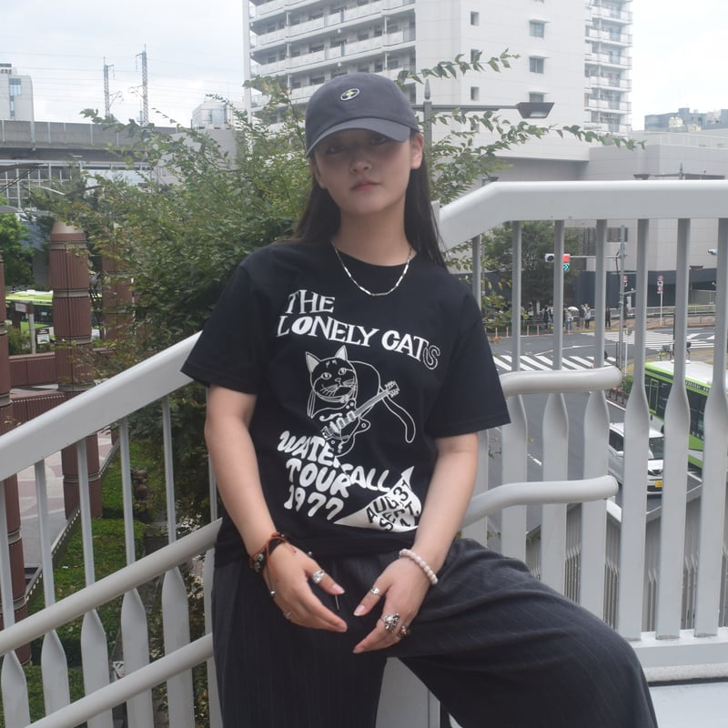 猫バンド」レコードワッペン猫ツアーTシャツ ブラック S/M/L