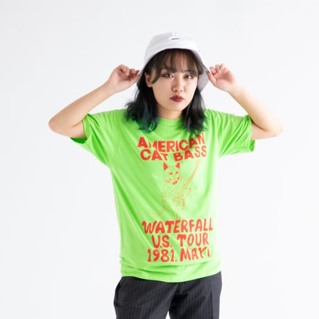 「猫ベース」レコードワッペン猫ツアーTシャツ 2021SS新色 ライム S/M/L WATERFALL限定商品