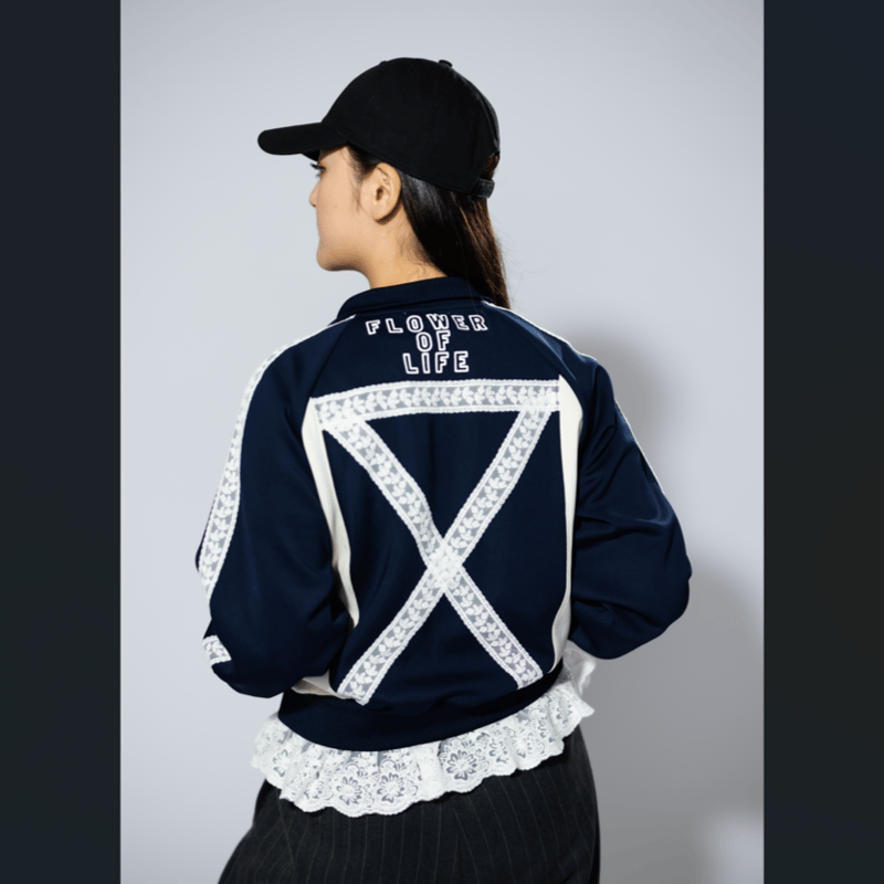 レコードワッペン花刺繍レースレディースジャージトップス」ネイビー S