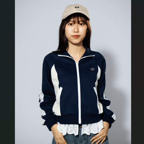 「レコードワッペン花刺繍レースレディースジャージトップス」ネイビー　S / M　WATERFALL