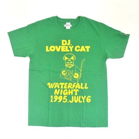 「DJ猫」レコードワッペン猫ツアーTシャツ 　グリーン　S/M/L　WATERFALLオリジナル限定商品