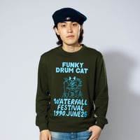 「猫ドラム」レコードワッペン猫ツアースウェット  カーキ M/L/XL WATERFALLオリジナル