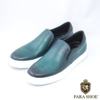 PARASHOE 本革 スリッポン レザースニーカー カジュアルシューズ 手染めアンティーク緑色（パティーヌ グリーン）3E（EEE）【オパンケ製法・革靴・紳士靴】(PSMO-1902-GRN)