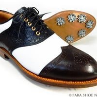 PARASHOE 本革底（レザーソール）ハンドメイド クラシック ゴルフシューズ サドルウィングブローグ（白×黒×茶）3E（EEE） サイズ23cm～28cm（PSY-G102M）