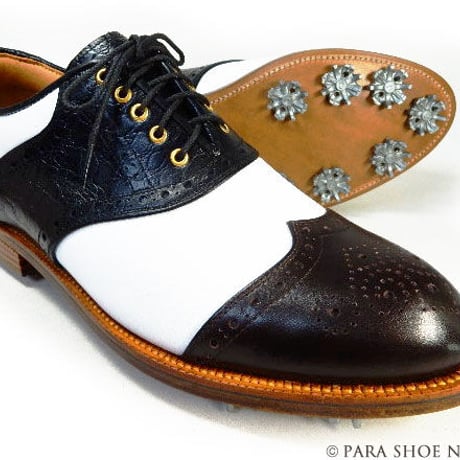 PARASHOE 本革底（レザーソール）ハンドメイド クラシック ゴルフシューズ サドルウィングブローグ（白×黒×茶）3E（EEE） サイズ23cm～28cm（PSY-G102M）