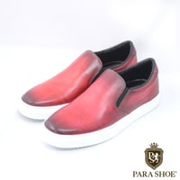PARASHOE 本革 スリッポン レザースニーカー カジュアルシューズ 手染めアンティーク赤色（パティーヌ レッド）3E（EEE）【オパンケ製法・革靴・紳士靴】(PSMO-1902-RED)
