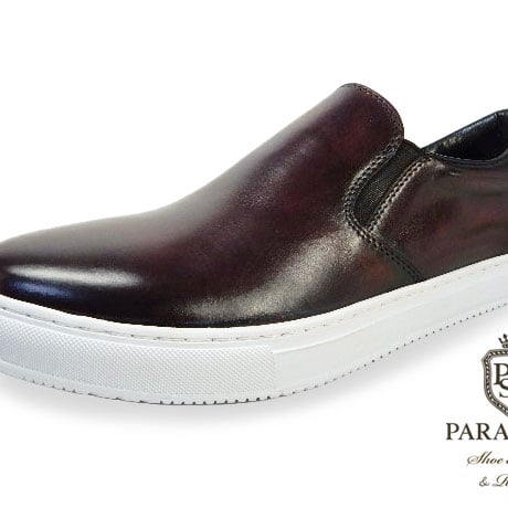 PARASHOE 本革 スリッポン レザースニーカー カジュアルシューズ 手染めアンティークワイン（パティーヌ バーガンディ）3E（EEE）【オパンケ製法・革靴】(PSMO-1902-WIN)