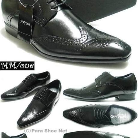 MM/one ロングノーズ ウィングチップ ヒールアップ ビジネスシューズ 黒 【165-BLK】