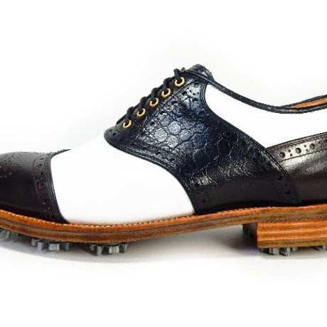 PARASHOE 本革底（レザーソール）ハンドメイド クラシック ゴルフシューズ サドルウィングブローグ（白×黒×茶）3E（EEE） サイズ23cm～28cm（PSY-G102M）