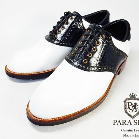 PARASHOE 本革 ハンドメイド クラシック ゴルフシューズ サドル（白×黒）3E（EEE） サイズ23cm～28cm（PSY-G101M）