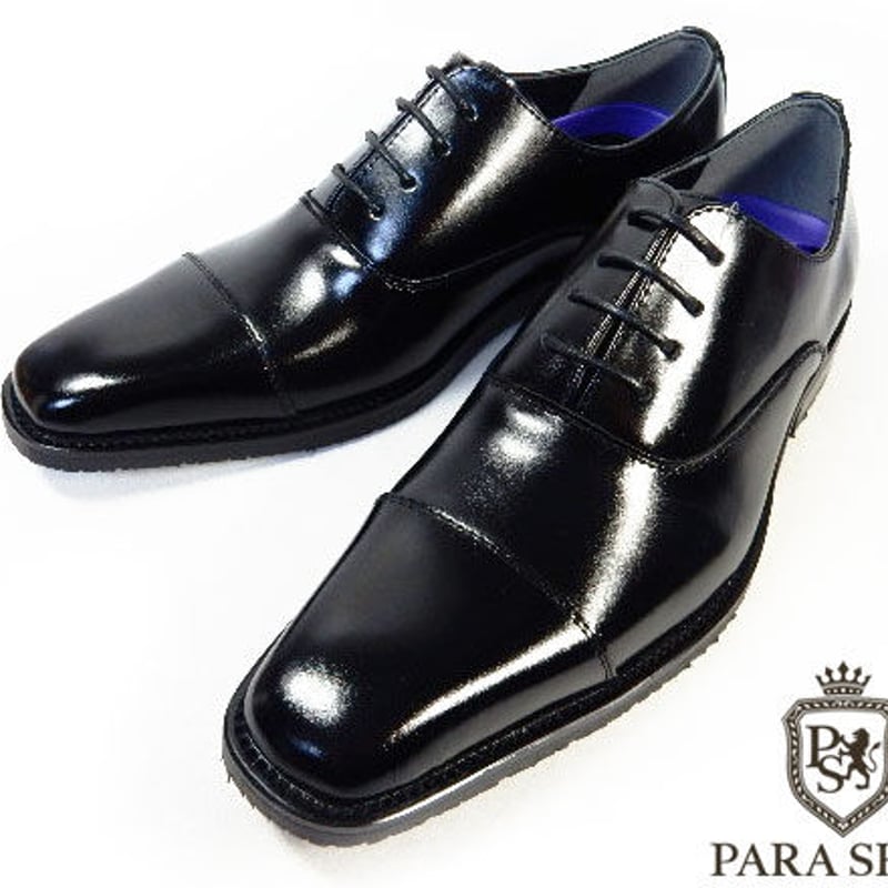 PARASHOE 本革 内羽根ストレートチップ ビジネスシューズ 黒 3E（EEE