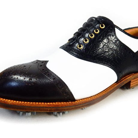 PARASHOE 本革底（レザーソール）ハンドメイド クラシック ゴルフシューズ サドルウィングブローグ（白×黒×茶）3E（EEE） サイズ23cm～28cm（PSY-G102M）