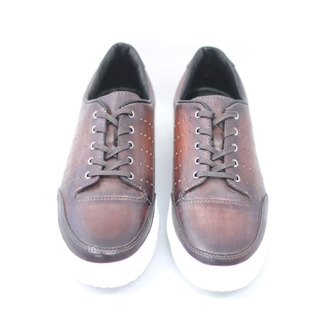 PARASHOE 本革 レザースニーカー カジュアルシューズ 手染めアンティーク濃茶（パティーヌ ダークブラウン）3E（EEE）【オパンケ製法・革靴・紳士靴】(PSMO-1901-DBR)