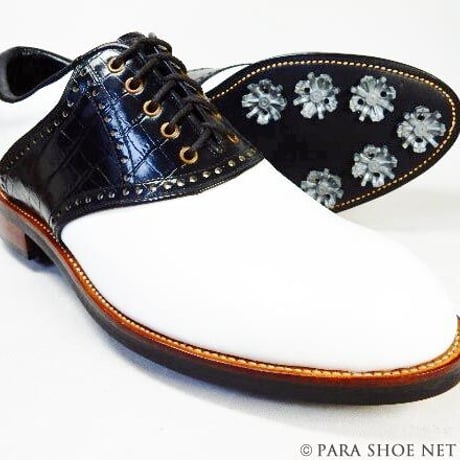 PARASHOE 本革 ハンドメイド クラシック ゴルフシューズ サドル（白×黒）3E（EEE） サイズ23cm～28cm（PSY-G101M）
