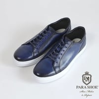PARASHOE 本革 レースアップ レザースニーカー カジュアルシューズ 手染めアンティークアンティーク青色（パティーヌ ブルー）3E（EEE）【オパンケ製法・革靴】(PSMO-1903-BLUE)