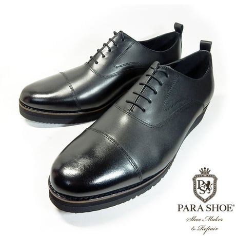 PARASHOE 本革 内羽根ストレートチップ 厚底ビジネスシューズ（ビジネススニーカー・ドレススニーカー）3E 黒【ビジカジ革靴／大きいサイズ・小さいサイズ対応】(PS-1822-BLK)