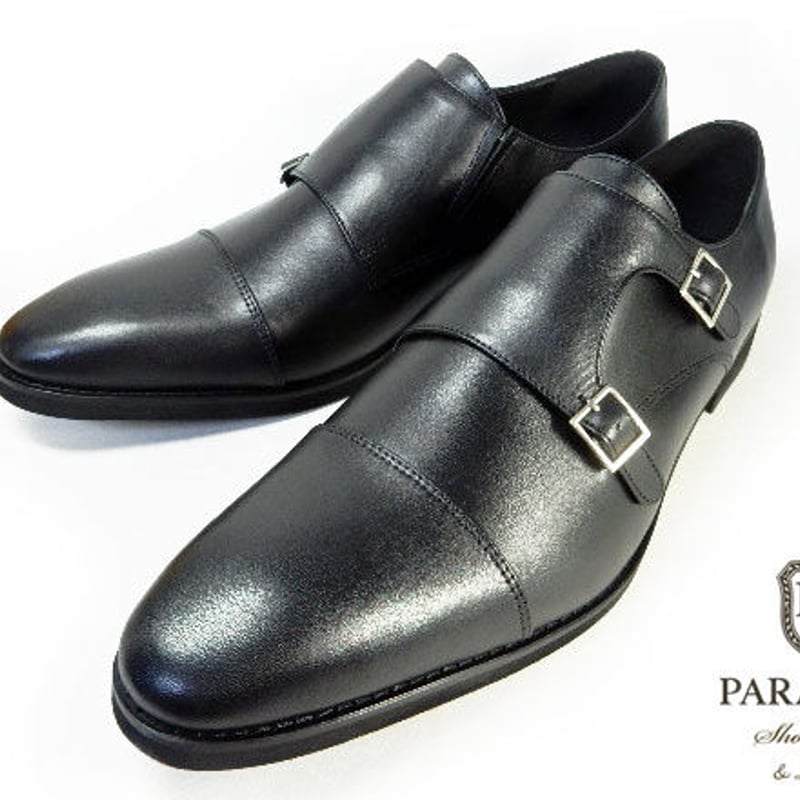 PARASHOE 本革 ダブルモンクストラップ ビジネスシューズ 黒 4E 27.5cm