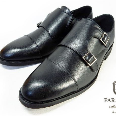 PARASHOE 本革 ダブルモンクストラップ ビジネスシューズ 黒 3E 22cm、22.5cm、23cm、23.5cm、24cm【小さいサイズ 革靴】（PS-1803-BLK）