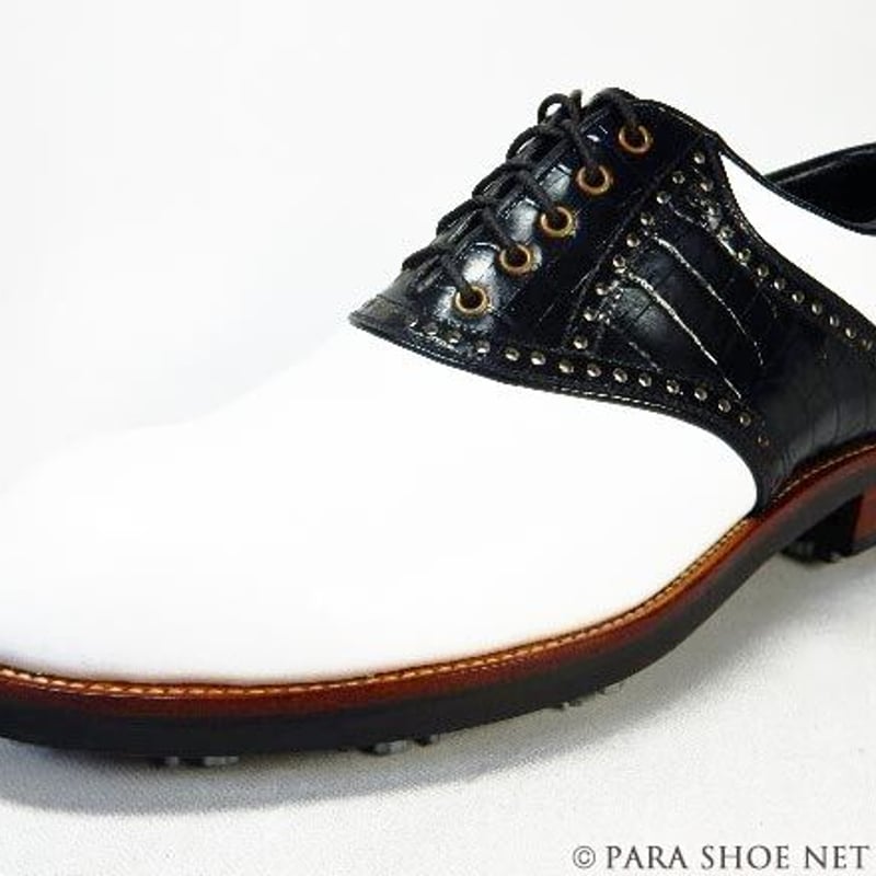 PARASHOE 本革 ハンドメイド クラシック ゴルフシューズ サドル（白×黒）3E（EEE...