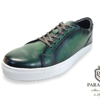 PARASHOE 本革 レースアップ レザースニーカー カジュアルシューズ 手染めアンティーク緑色（パティーヌ グリーン）3E（EEE）【オパンケ製法・革靴】(PSMO-1903-GRN)