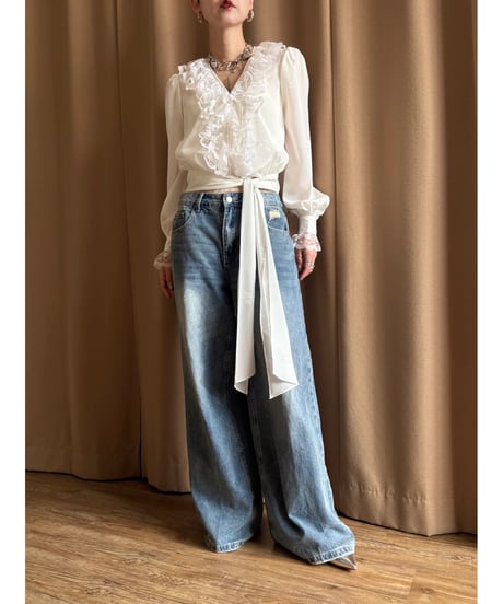 waist ribbon design frill lace shirt-4621-4