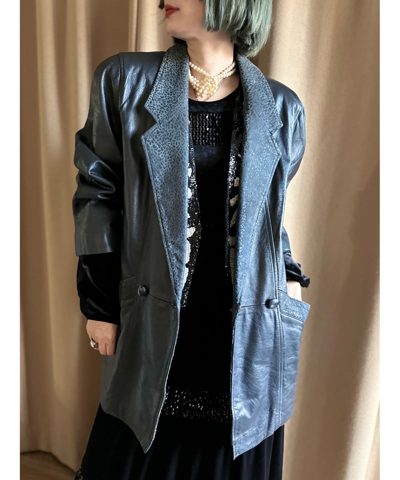 【1990s】ビンテージ　ナイロンドッキングレザーコート　ブラック　Ｍ位 1990s】ビンテージナイロンドッキングレザーコートブラックM位