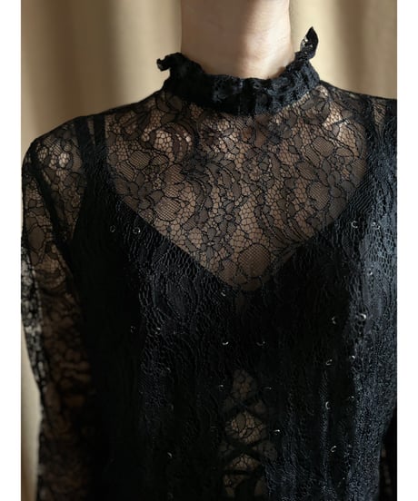 floral lace black high neck tops-4355-9