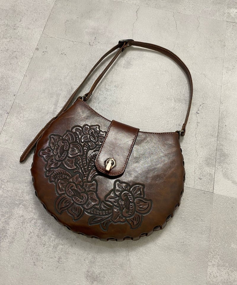 アンティーク レザー カービング バッグ 古道具 1917年 真鍮 金具