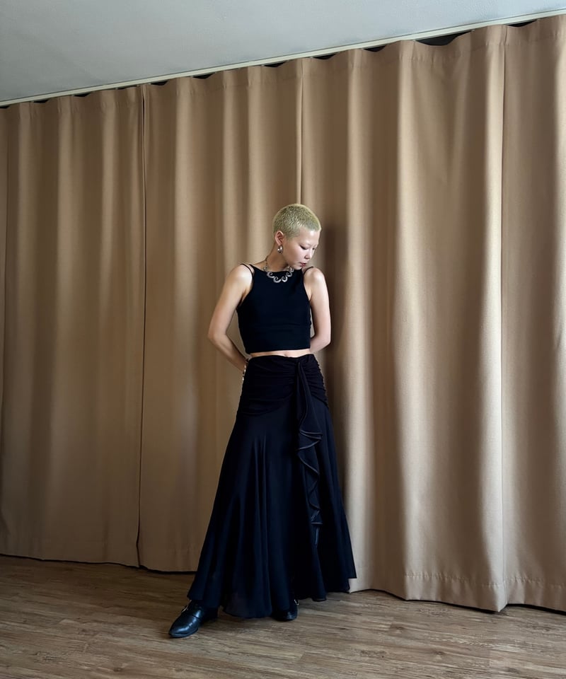 gather frill black sheer skirt-4864-8 | COLLENT