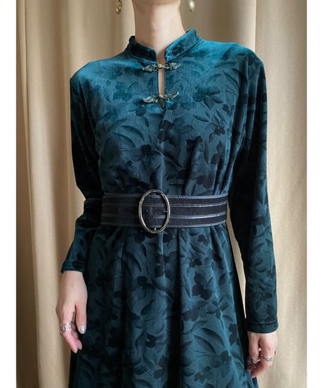 dark green color china velour dress-3710-10