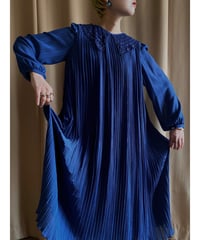 embroidery collar blue pleats sheer dress-3402-4