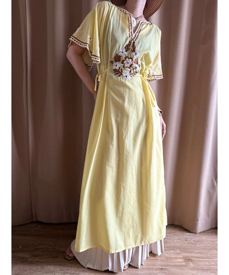 floral embroidery yellow color import dress-3471-6