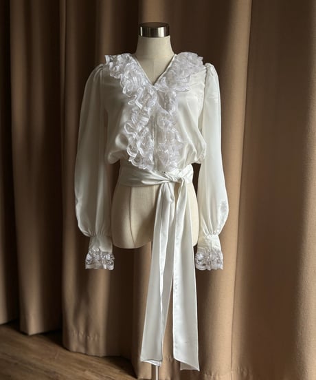 waist ribbon design frill lace shirt-4621-4