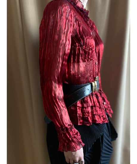 wine red color frill sheer shirt-4224-7