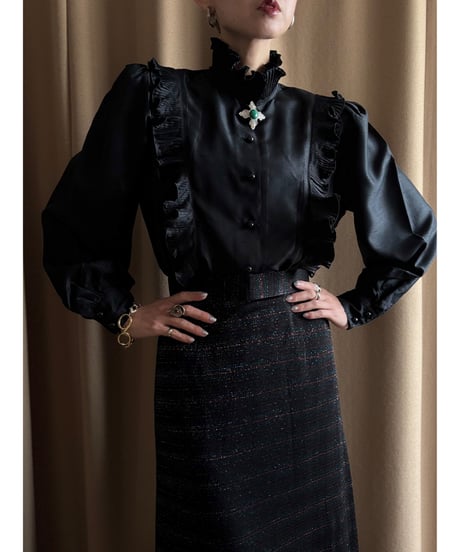 mode black frill shirt-4620-4【ブローチ付属商品】