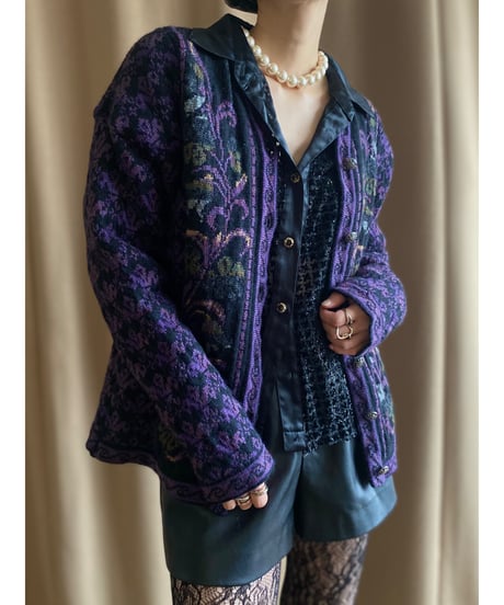 MADE IN ENGLAND purple flower knit cardigan-3769-11