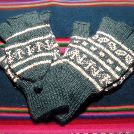 アルパカ100％　手編みてぶくろ　指なし・取り外しできるカバー付き　Lサイズ　グリーン