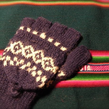 アルパカ100％　手編みてぶくろ　指なし・取り外しできるカバー付き　子供サイズ　紺色