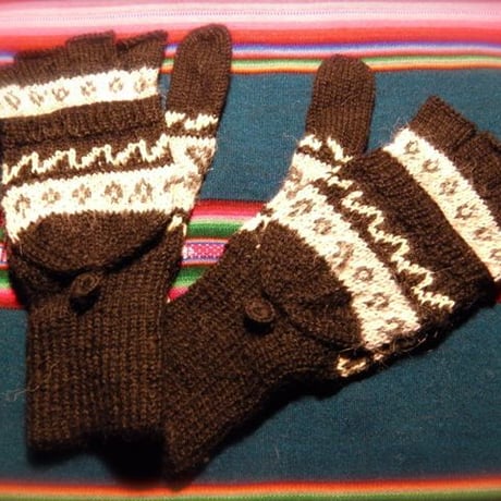 アルパカ100％　手編みてぶくろ　指なし・取り外しできるカバー付き　Mサイズ　黒