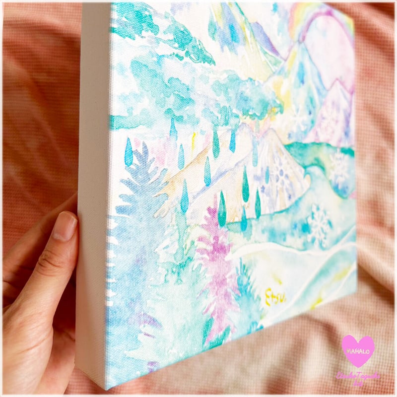 キャンバスアート 虹 アート 15cm丸 虹 空 雲 キャンバスアート 原画