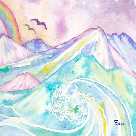 Canvas wall art：山の虹と海と鳥と夜空Bキャンバスウオールアート