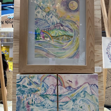 Canvas wall art：山の虹と海と鳥と夜空Bキャンバスウオールアート