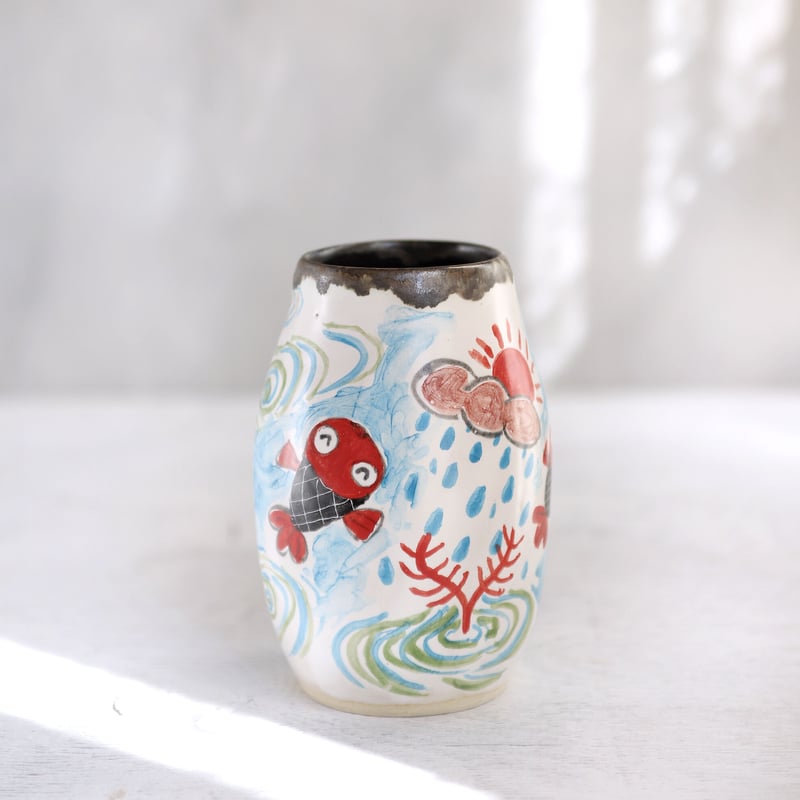 赤色の鶴と花の陶器花瓶 赤色の鶴と花の陶器花瓶 赤色の鶴と花の陶器花瓶