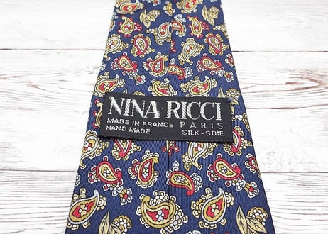 【ヴィンテージネクタイ】フランス製　NINA RICCI ニナリッチ ワンポイントロゴ ペイズリー柄ネクタイ ネイビーブロンズ紺銅　15000040