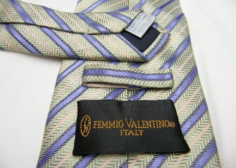 【FEMMIO　VALENTINO】千鳥格子光沢ストライプレジメンタルネクタイ【USED】【シルバーグリーン系】151225B-1