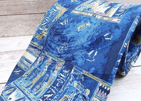 ◎古代ギリシャ風デザイン cortese コルテーゼ 撥水加工 総柄デザインネクタイ ブルーネイビー・クリーム シルク100%【USED】メンズ古着